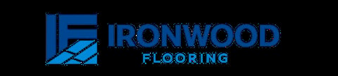 Ironwood Flooring logo with blue geometric design and text on black background